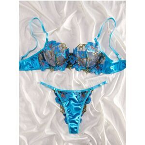 Large Ocean Blue Lace Floral Embroidery Underwire Push-up Bra Lingerie Set